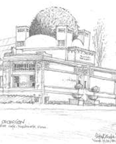 Vienna Secession from Nordsee Cafe, Naschmarkt, Vienna, Austria